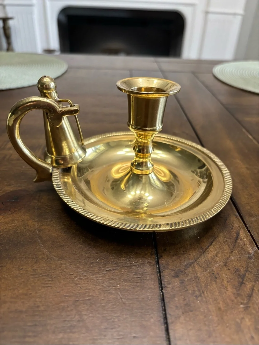 Vintage brass chamberstick candle holder with snuffer
